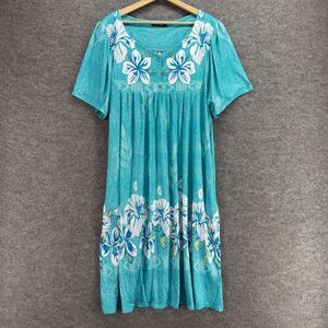 Udforsk Dress Women XL Blue Floral Shift Midi Short Sleeve Cotton V-Neck Button